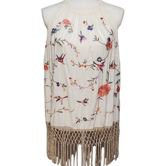 Anthropologie Tops - Anthropologie Halter Neck Tank Ivory Embroidery Fringe 10